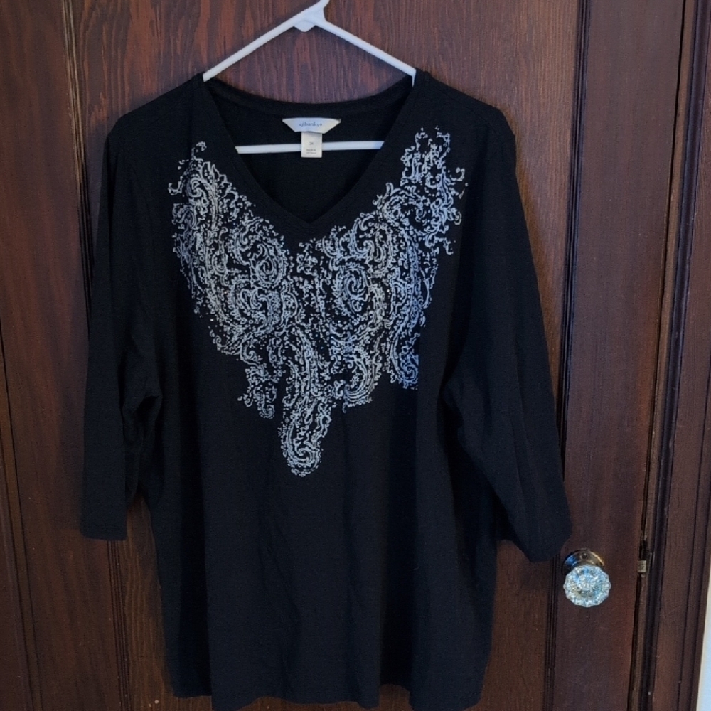 CJ Banks Dari Navy Blue & White V Neck 3/4 Sleeve Blouse Size 2X